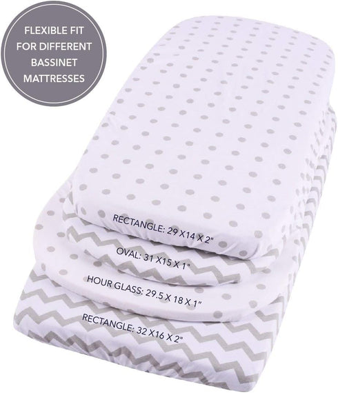 2-Pack Waterproof Bassinet Sheets for Baby Boy or Baby Girl - (Grey Chevron & Grey Polka Dots)