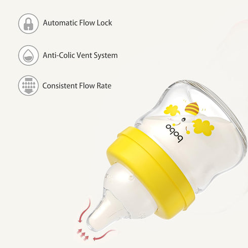 0+ 2.7oz (Pack 4)) YOHKOH Glass Baby Bottles with Slow Flow Nipple, Newborn Anti-Colic Baby Bottles for Months, Wide