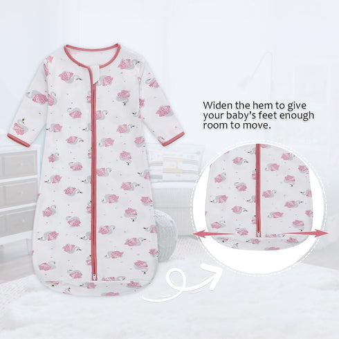 Long Sleeve Sleep Sack, 100% Cotton Baby Sleeping Bag, 0-18 Months, Pink Swan