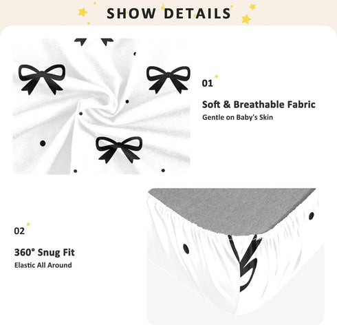 CZXW 52" 28" Black Bow with Polka Dots Crib Sheets Fitted x Natural Cotton Soft & Breathable for Baby Crib Mattress