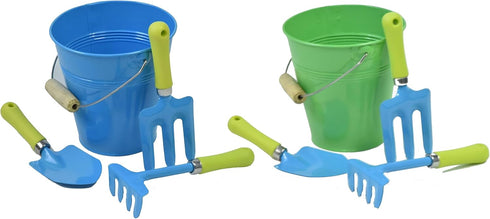 JustForKids 2 Pack Garden Tool Set Green & Blue Metal Pails with