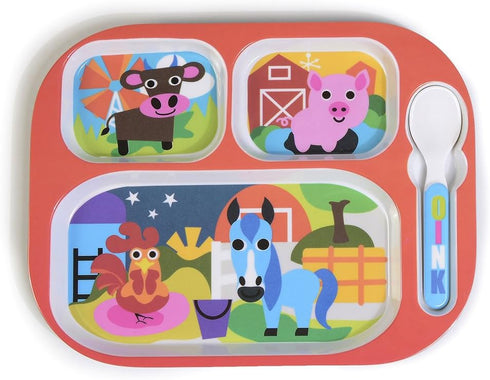 French Bull 11" Kids Everyday Tray - Divided Tray and Spoon Set, Farm Animals (74411)