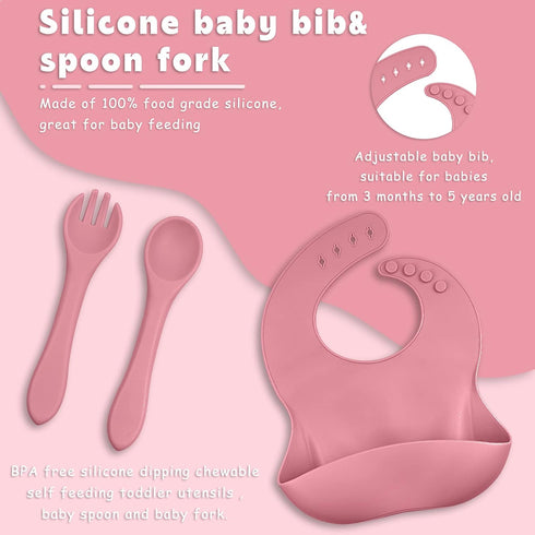 Silicone Baby Feeding Set,Baby Led Weaning Supplies Suction Divided Plates Adjustable Silicone Toddler Soft Bowl Spoons Forks Silicone Toddler Cup BPA Free(Pink & White 12 PACK) by TQONEP