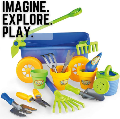 Set Liberty Imports Pull Along Garden Wagon and Gardening Tools Toy Play for Toddlers, Kids with Outdoor Tools, Plant