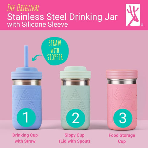 14oz 2 Pack Elk and Friends Stainless Steel Kids + Toddler Drinking Cups | The Original Mason Jar with Sleeves + Lids |