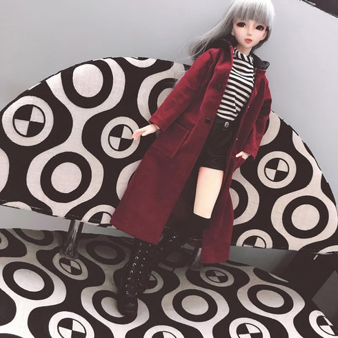 niannyyhouse 1/3 1/4 1/6 BJD Dolls Clothes | Burgundy Overcoat, Striped T-Shirt, Leather Shorts & Accessories