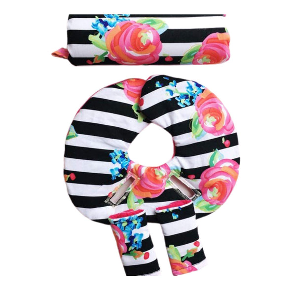Infant Car Seat Head Support Set, Watercolor Floral and Black White Stripes,