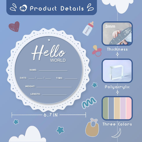 LZC LADYS GIFT 6.7 Inch Baby Announcement Sign, Hello World Newborn Sign, Thickness Upgrade Birth Announcement Sign