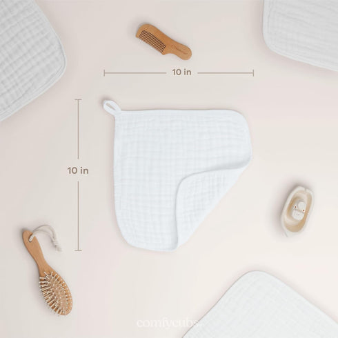 10 Pack 6-Layer 10"x10" Comfy Cubs Muslin Baby Washcloths - Soft Cotton Wash Cloths for Sensitive Skin - Large, Gentle