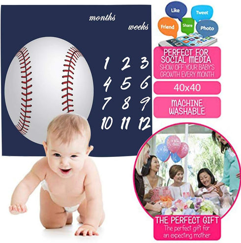 Baseball Theme Baby Monthly Milestone Blanket, 48x40in Age Growth Tracker, Baby Shower Nursery Blanket