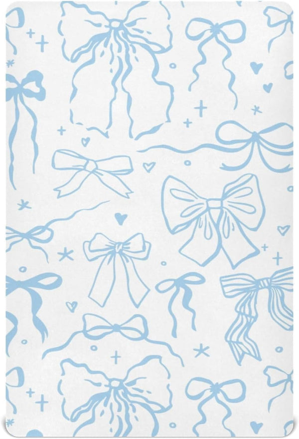 KICPOAY Cartoon Doodle Blue Bows Fitted Crib Sheets Stretchy Portable Playard Sheets for