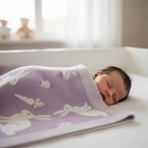 Cozy 30x40 Baby Knit Blanket Soft Cotton Blend with Rabbit and Carrot Design Lightweight Infant Toddler Swaddle Nursery