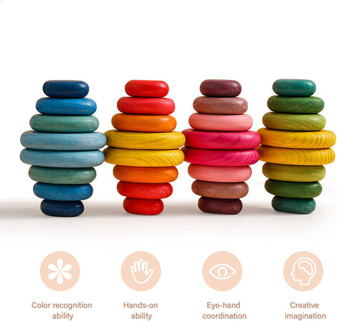 OESSUF 16PCs Stacking Rocks Wooden Blocks, Balancing Stacking Stones for Toddler Rainbow Pebbles Sorting Toys