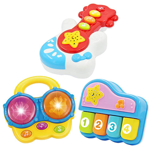 WEofferwhatYOUwant Baby Musical Instrument Set - Guitar, Bongo Drums & Piano - Bedtime Light-up Projector, All