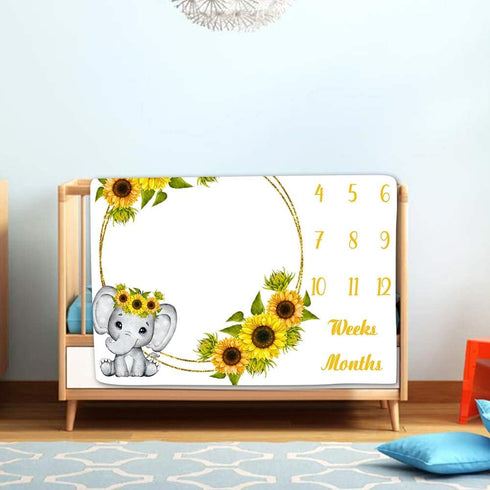 Sunflower Baby Age Blanket, Cartoon Elephant White Growth Chart Memory Blanket, 48x40 Inch