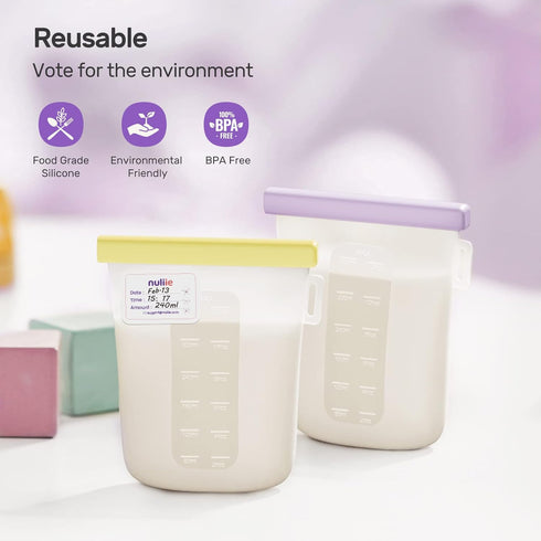 7 12oz/360ml Nuliie Pcs Reusable Silicone Breastmilk Storage Bags, Double Leak-Proof, BPA Free Self-Standing Milk Bags