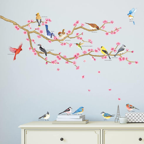 DECOWALL DWL-2009 Garden Birds and Cherry Blossom Wall Stickers, Peel and Stick Removable Decals for Kids Nursery &