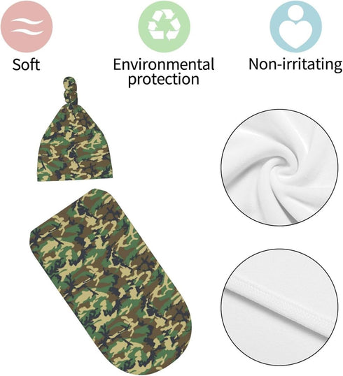 Broiteid Set Camo Green Newborn Swaddle Blanket Baby Stuff Baby Swaddling Blanket with Beanie Soft for Unisex Girls