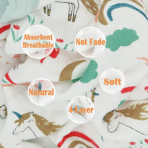 Muslin Soft Swaddle Blankets, Baby Quilt for Boy Girl Toddler, Practical Size 43 X 45 inches (Rainbow Unicorn)