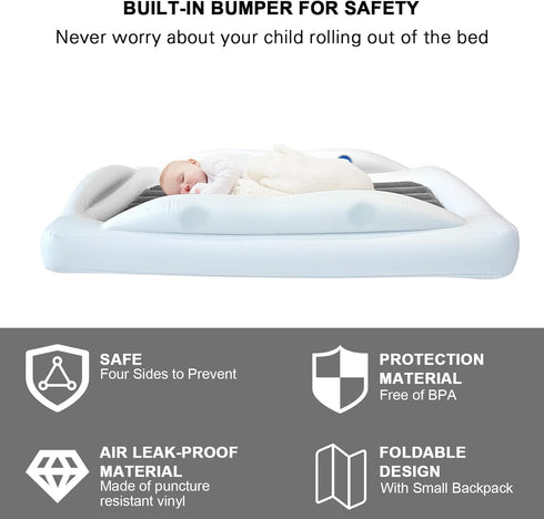 RAUMRIGGE 61 Inches Cozy Set Inflatable Toddler Travel Bed - With Pillow Portable Toddler Bed for Travel with Safety
