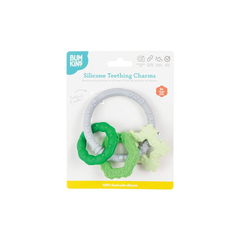 Bumkins Baby Teething Toy Keys Rings, Soft Flexible Pacifier, Freezable Platinum Silicone Teether, Green and Gray