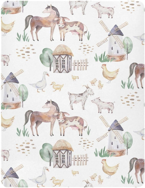 CHUROUSY 28x52 Inch Farm Animals Baby Crib Sheets Cute Horse Cow Lamb Chicken Pig Hen Duck Mattress Cover Farmhouse