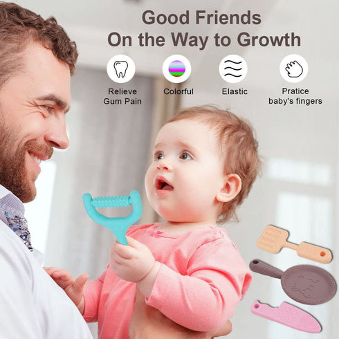 0-BPA Silicone Culinary Kitchen Utensil Baby Teething Toys: Chef Cooking Role Playing Games Training for Infants, 4 Pack