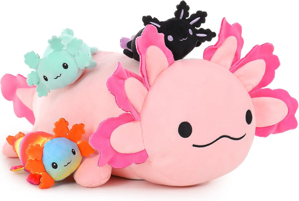 Big Axolotl Plush 24 Inch, Long Stuffed Animal with 3 Baby Axolotl Plushies, 4Pcs Pillow Gifts for Kids