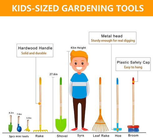Set 3 4 5 6 7 8 (8PCS) Toddler Gardening Tools, Kids Rake and Shovel for Digging Dirt, Children Broom for Outdoor Yard