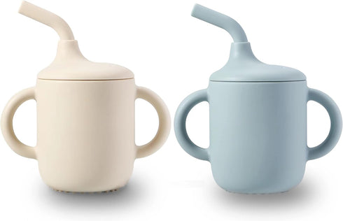 PandaEar 2 Pack Tiny Silicone Drinking Training Cup with Handles & Straw for Baby and Toddler (White Blue)
