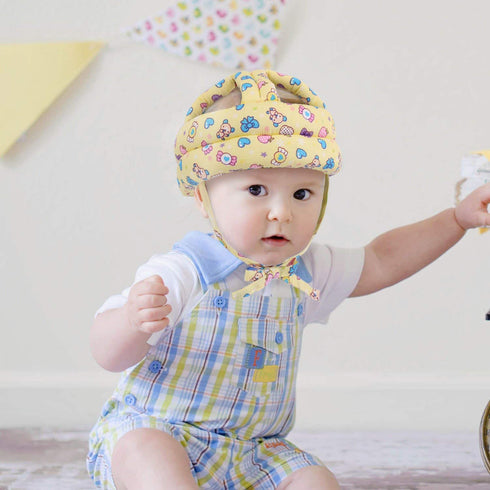 Baby Safety Helmet with 2 Pairs Crawling Knee Pads, Adjustable Soft Protective Cap Hat for Toddler (Yellow)