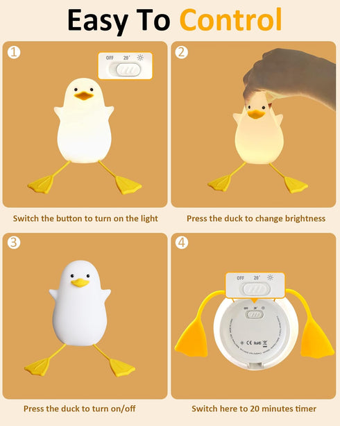Attivolife Duck Night Light for Kids, Cute Silicone Lamp with Touch Control, Dimmable, USB Rechargeable LED Decor