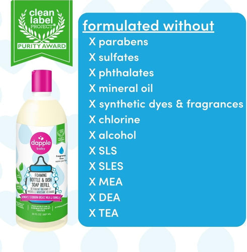 (2 Pack) 30 oz Dapple Baby Fragrance-Free Foaming Bottle & Dish Soap Refill - fl - Plant-Powered Cleaner for Baby