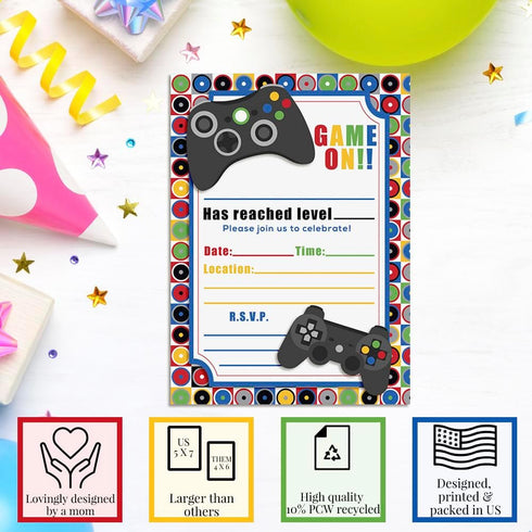 Game On! Video Gamer Birthday Party Fill In Invitations, 20 Fill In Cards with Envelopes by AmandaCreation