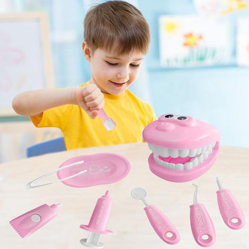 9-Piece Dental Pretend Play Set, Educational Dentist Kit with Teeth Model, Toothbrush, Dental Mirror, Syringe,