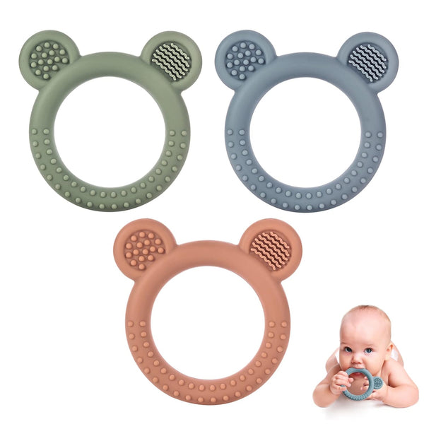Baby Teething Toys for 0-6 Months, Set of 3 BPA Free Soft Bear Ring Silicone Teether for Sore Gums