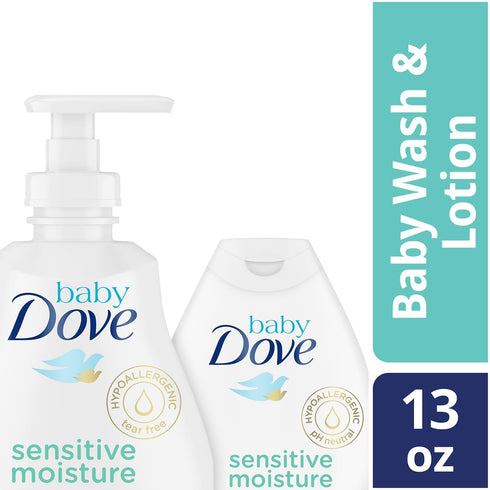 Set, 13 Oz (2 Set) Dove Baby Sensitive Skin Care Bundle Hypoallergenic Wash & Baby Lotion, Fragrance Free Moisture