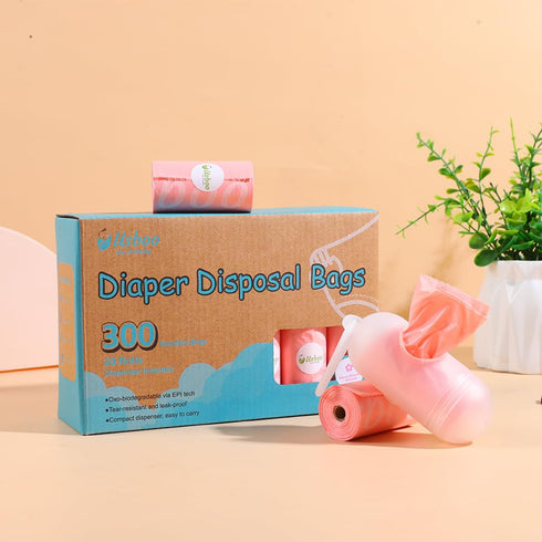 20 (300 Pack), USBOO Disposable Diaper Bags for Baby - Refill Rolls Disposable Trash Bag with Dispenser - Cherry