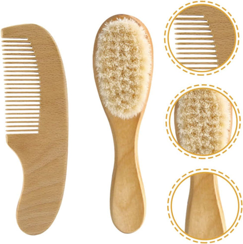 Set Gentle Wooden Hair Brush and Comb for Infants - Natural Wool Bristles