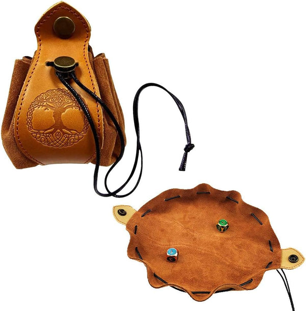Celtic Tree DND Gifts Dice Bag - Genuine Leather Tray with Drawstring & Button for D&D Dice, Jewelry Storage
