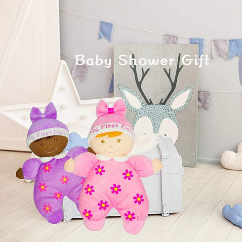June Garden 9" My First Doll Sienna, Soft Plush Baby Doll with Rattle, Pink Outfit
