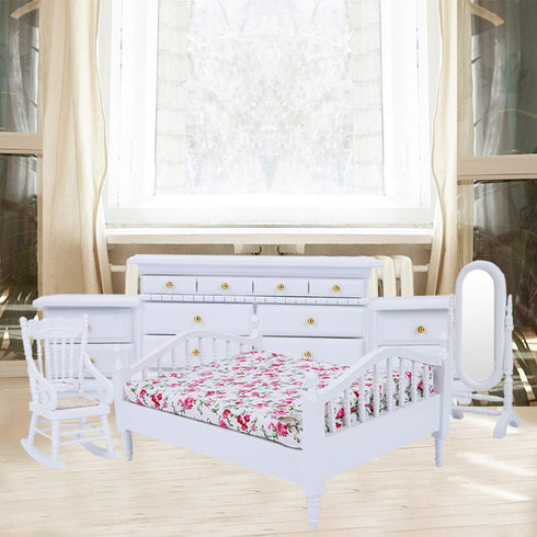 Dolls House Furniture Mini Wooden Queen Bed 6pcs, Miniature Dollhouse Bed 1:12 Cabinet for Doll