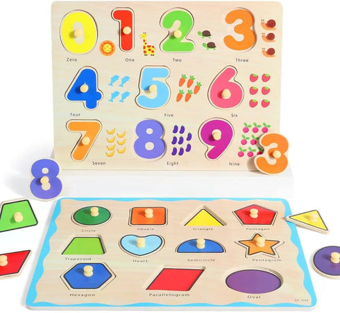GRINNNIE Wooden Montessori Toddler Puzzles, 3 Pcs Number, Letter, Shape Educational Peg Puzzle Set