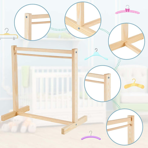 11 Pcs Doll Garment Rack with Wooden Dolls Clothes Hanger 11.8 Inches Doll Closet Mini Doll Clothes Hangers Doll Wardrobe Furniture Accessories for Dollhouse Supplies