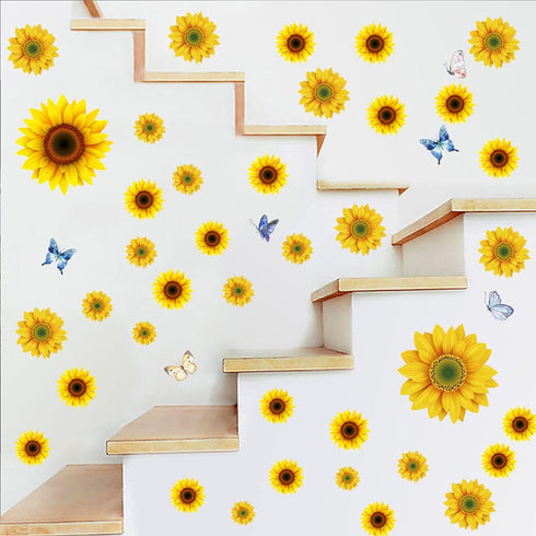 Sunflower Wall Stickers with 3D Butterfly, Removable Yellow Flower Wall Decals, Waterproof Mural for Nursery Kids