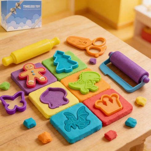 Jaeespon Set 3+ Dough Tools Play for Kids-Dough Accessories Molds Dinosaur Fruit Roller Cutter Scissor and Storage Box