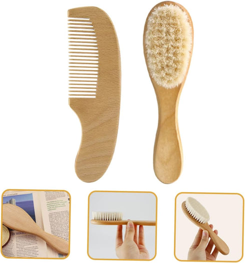 Set Gentle Wooden Hair Brush and Comb for Infants - Natural Wool Bristles