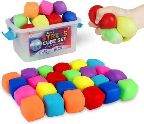 BitsFun Mini Cubes Squishy Fidget Toys Squeeze Toys- 24Pack Stress Cubes Mini Bulk