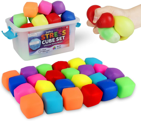 BitsFun Mini Cubes Squishy Fidget Toys Squeeze Toys- 24Pack Stress Cubes Mini Bulk
