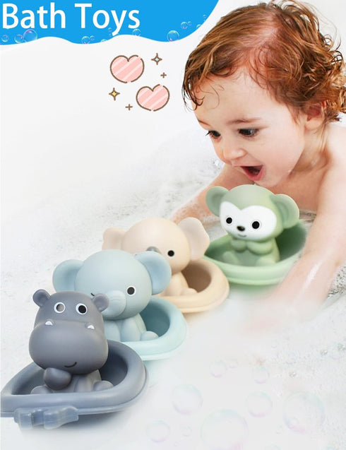 Auvitaya Baby Bath Toy Stackable Infant Bathtub Toys Stacking Floating Boat Train with Animal Finger Puppets Bath Toy